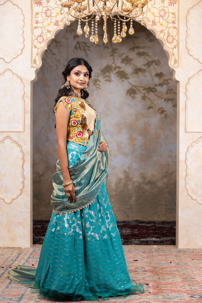 Ferozi Party Wear Lehenga Saree with Contrast Beige Blouse And Tissue Dupatta