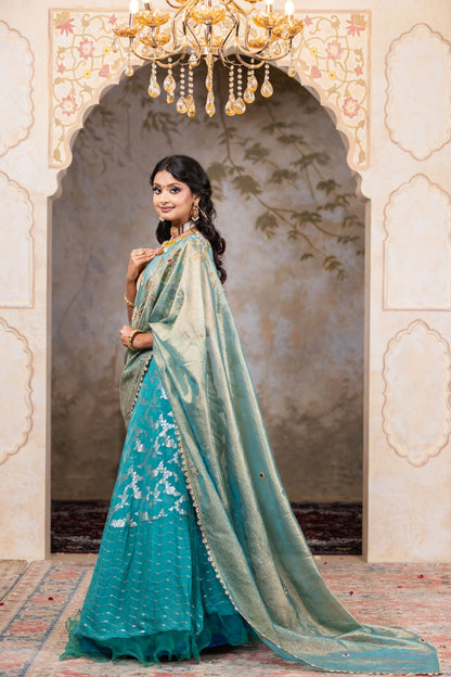 Ferozi Party Wear Lehenga Saree with Contrast Beige Blouse And Tissue Dupatta