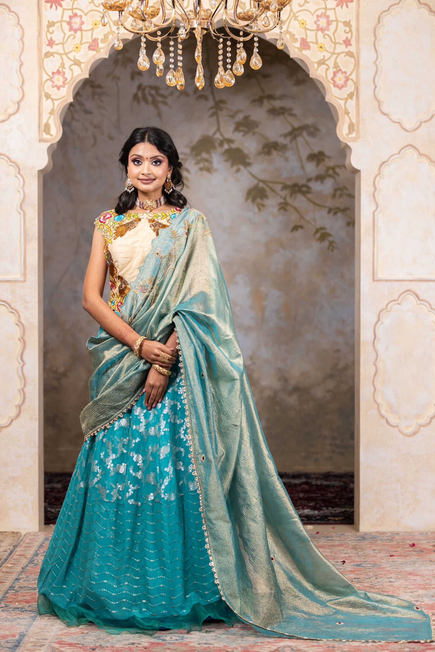 Ferozi Party Wear Lehenga Saree with Contrast Beige Blouse And Tissue Dupatta