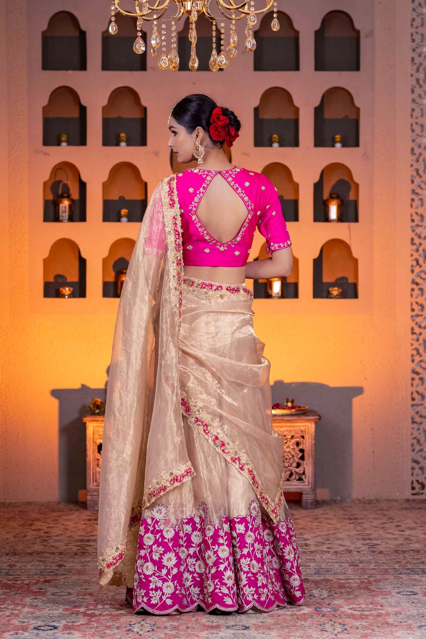 Luxury Golden Tissue Lehenga Saree Set with Dabka Cutdana Pearl And Zari Work Dupatta