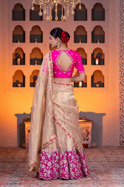 Luxury Golden Tissue Lehenga Saree Set with Dabka Cutdana Pearl And Zari Work Dupatta