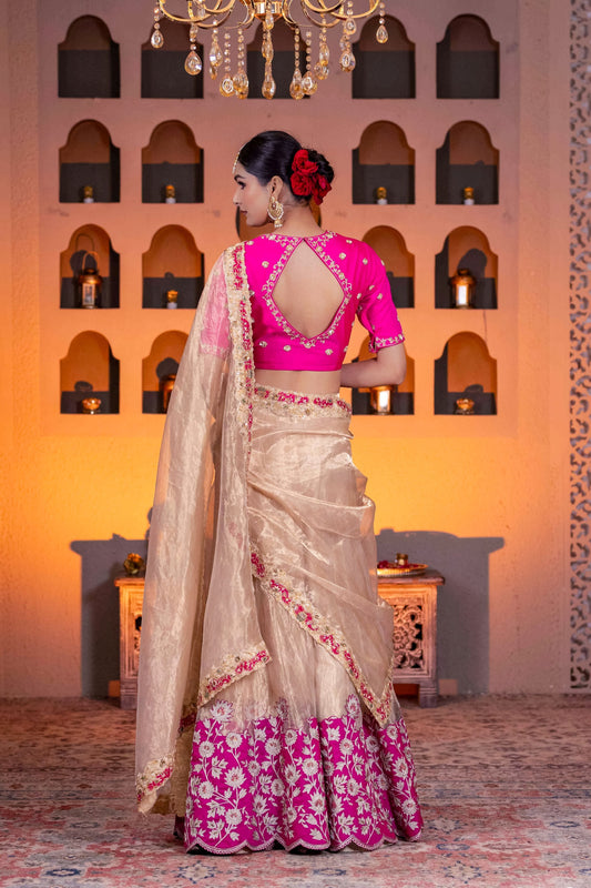 Luxury Golden Tissue Lehenga Saree Set with Dabka Cutdana Pearl And Zari Work Dupatta