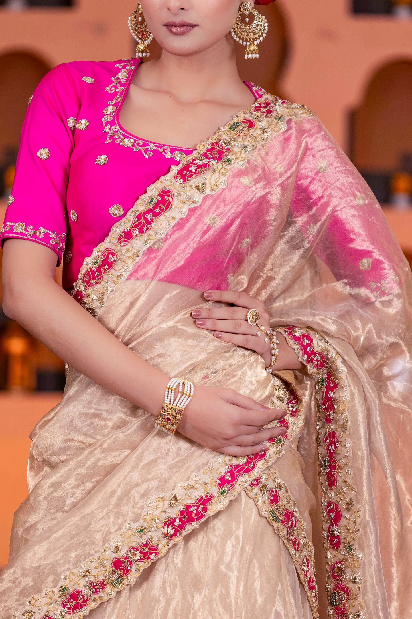 Luxury Golden Tissue Lehenga Saree Set with Dabka Cutdana Pearl And Zari Work Dupatta