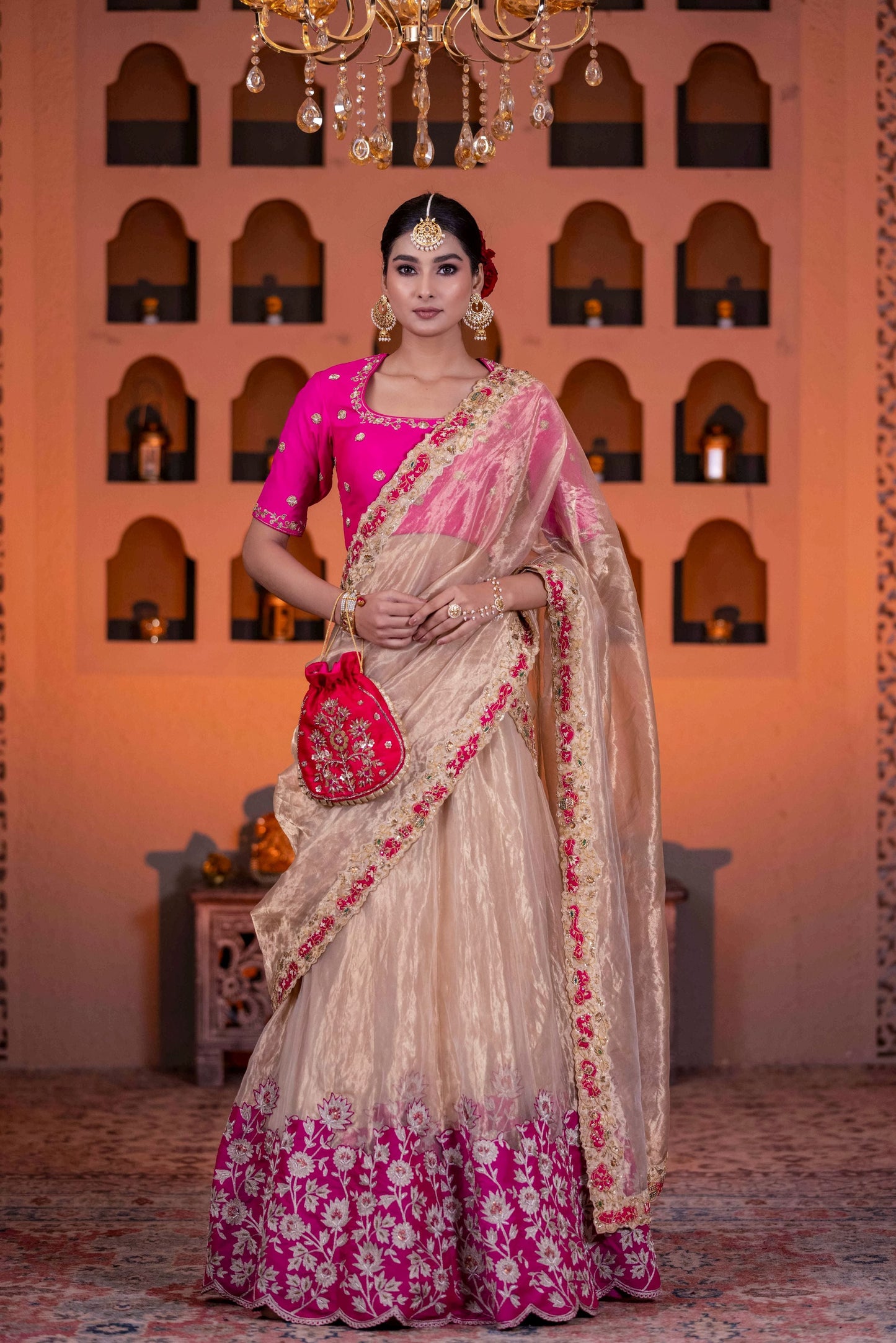 Luxury Golden Tissue Lehenga Saree Set with Dabka Cutdana Pearl And Zari Work Dupatta