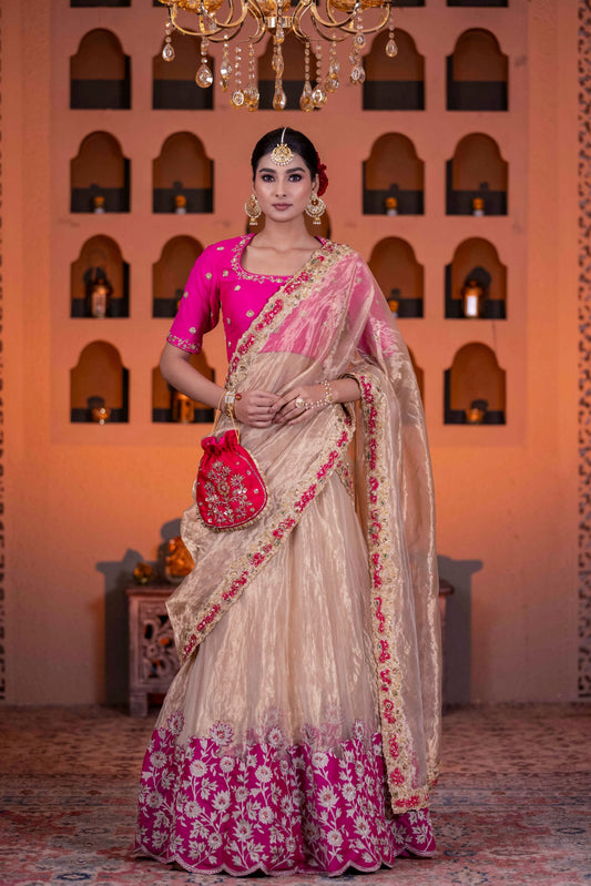 Luxury Golden Tissue Lehenga Saree Set with Dabka Cutdana Pearl And Zari Work Dupatta