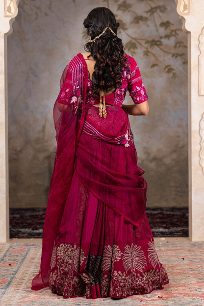 Luxury Wine Lehenga Saree with Heavy Zari Work and Handcrafted Silk Blouse