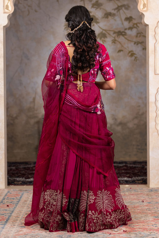 Luxury Wine Lehenga Saree with Heavy Zari Work and Handcrafted Silk Blouse