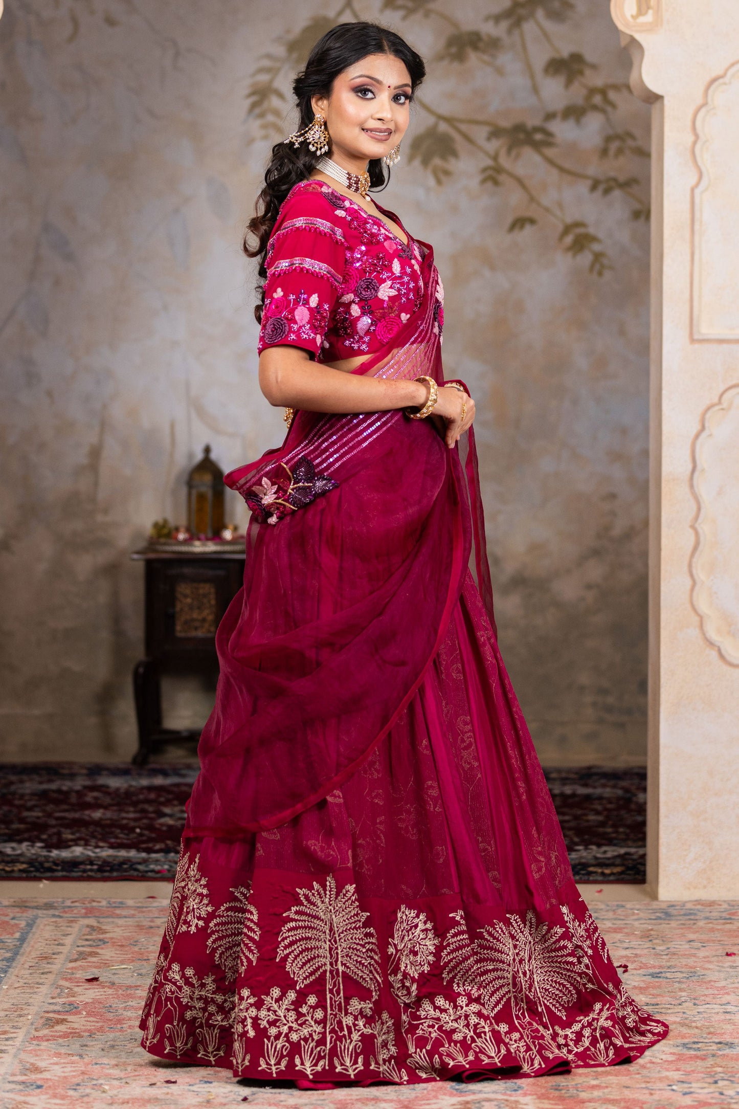 Luxury Wine Lehenga Saree with Heavy Zari Work and Handcrafted Silk Blouse