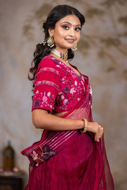 Luxury Wine Lehenga Saree with Heavy Zari Work and Handcrafted Silk Blouse