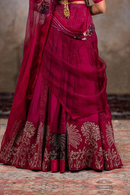 Luxury Wine Lehenga Saree with Heavy Zari Work and Handcrafted Silk Blouse