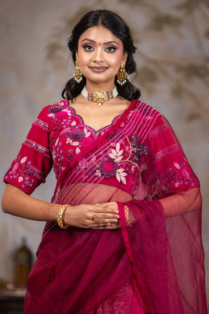 Luxury Wine Lehenga Saree with Heavy Zari Work and Handcrafted Silk Blouse