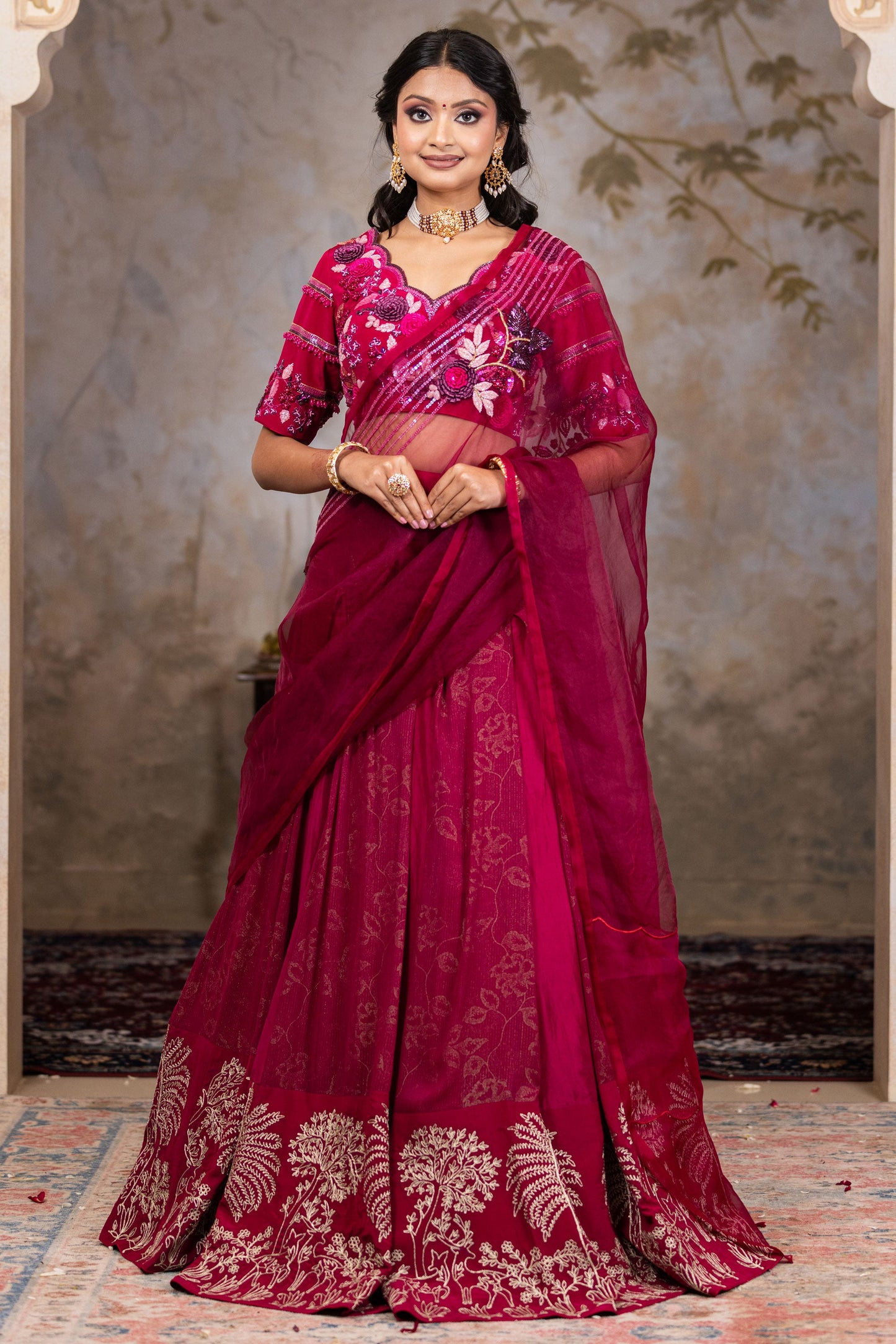 Luxury Wine Lehenga Saree with Heavy Zari Work and Handcrafted Silk Blouse