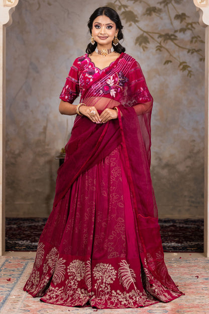 Luxury Wine Lehenga Saree with Heavy Zari Work and Handcrafted Silk Blouse