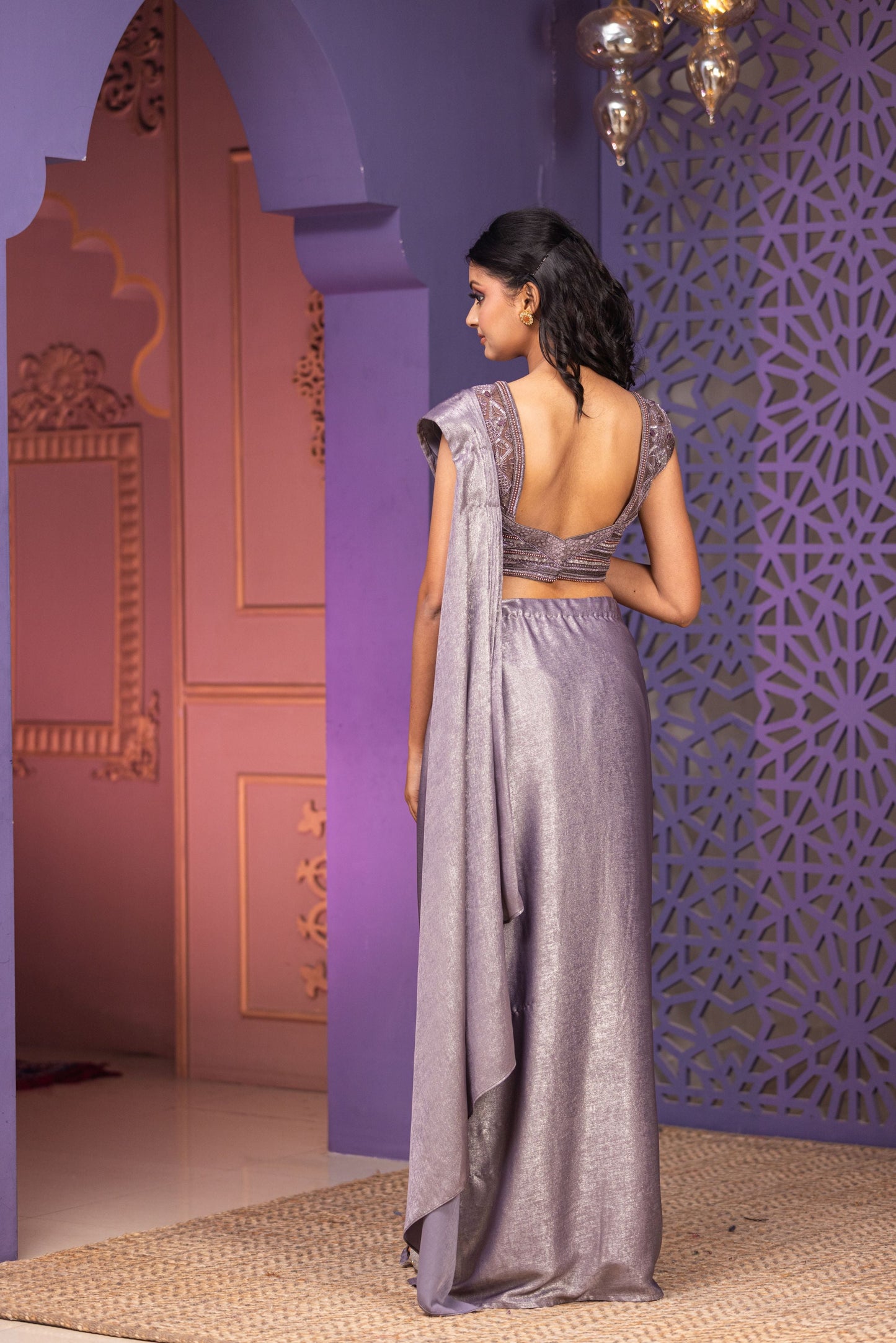 Grey Drape Saree With Side Slit Skirt Attached Pallu And Blouse