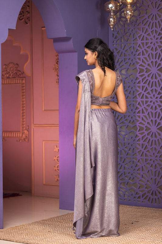 Grey Drape Saree With Side Slit Skirt Attached Pallu And Blouse