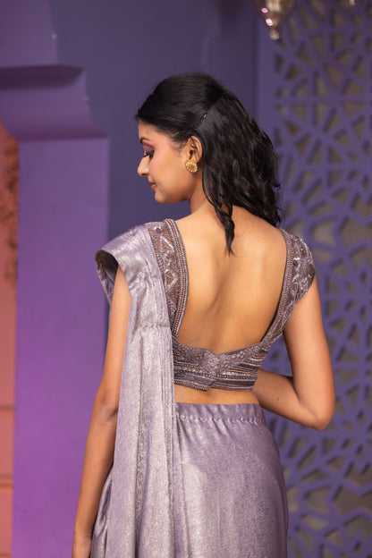 Grey Drape Saree With Side Slit Skirt Attached Pallu And Blouse