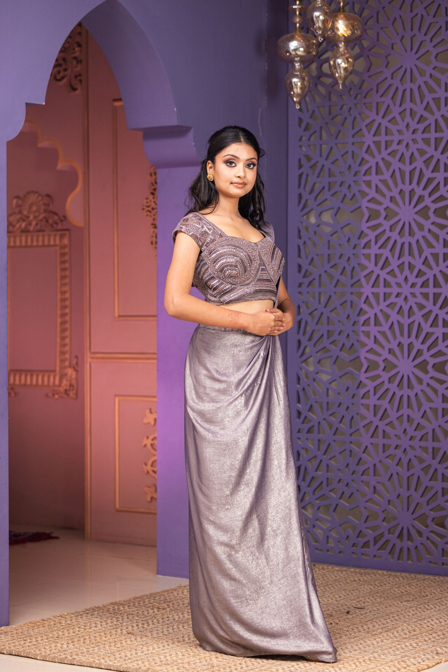 Grey Drape Saree With Side Slit Skirt Attached Pallu And Blouse