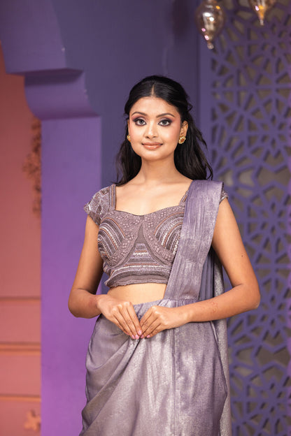 Grey Drape Saree With Side Slit Skirt Attached Pallu And Blouse