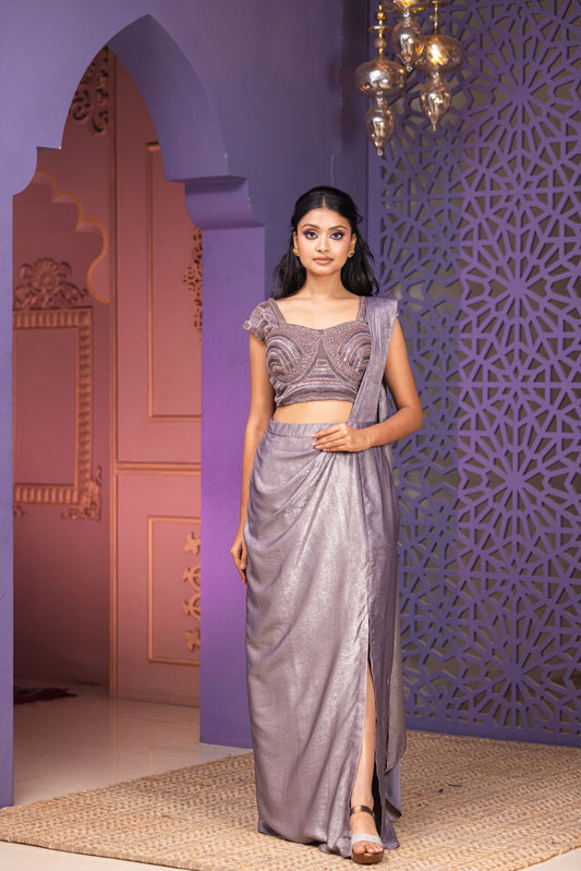 Grey Drape Saree With Side Slit Skirt Attached Pallu And Blouse