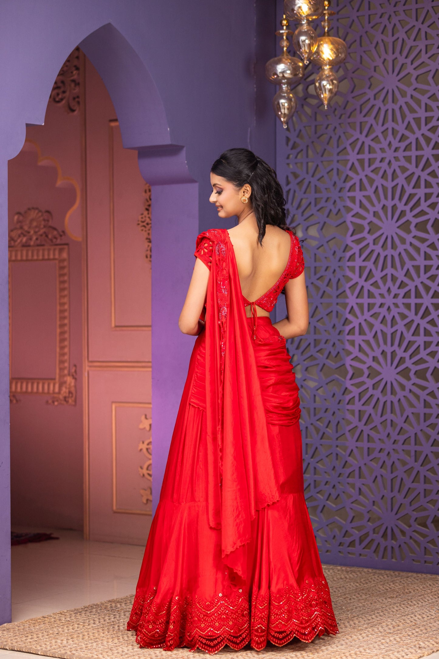 Luxury Red Lehenga Saree Set Featuring Heavy Nalki Thread And Pearl Work Blouse