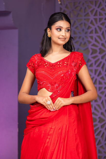 Luxury Red Lehenga Saree Set Featuring Heavy Nalki Thread And Pearl Work Blouse