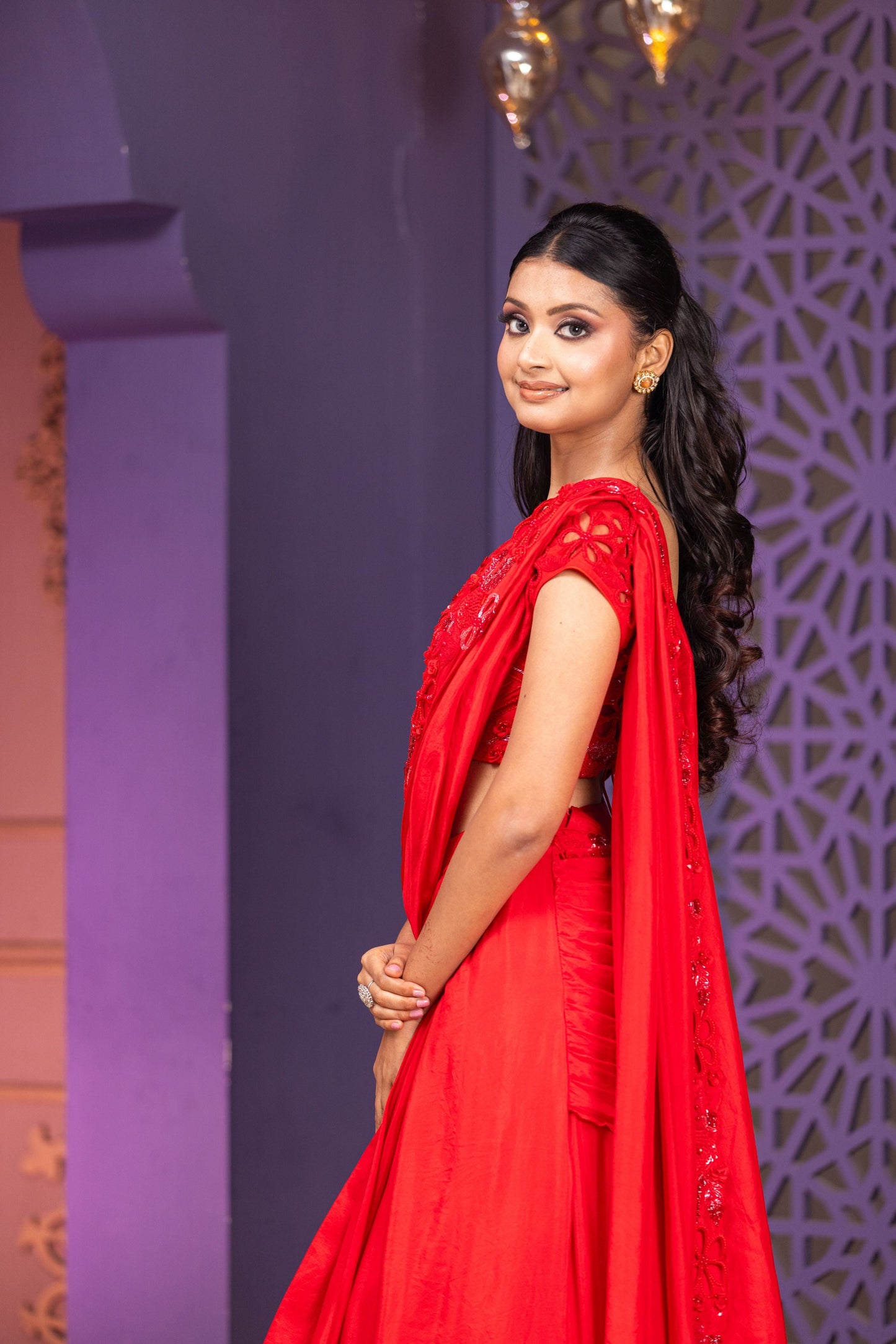 Luxury Red Lehenga Saree Set Featuring Heavy Nalki Thread And Pearl Work Blouse