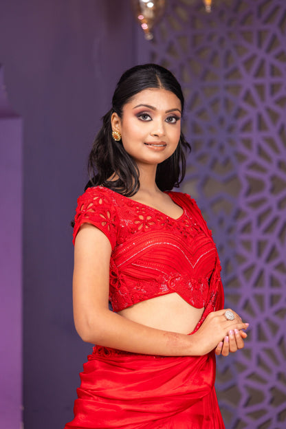 Luxury Red Lehenga Saree Set Featuring Heavy Nalki Thread And Pearl Work Blouse