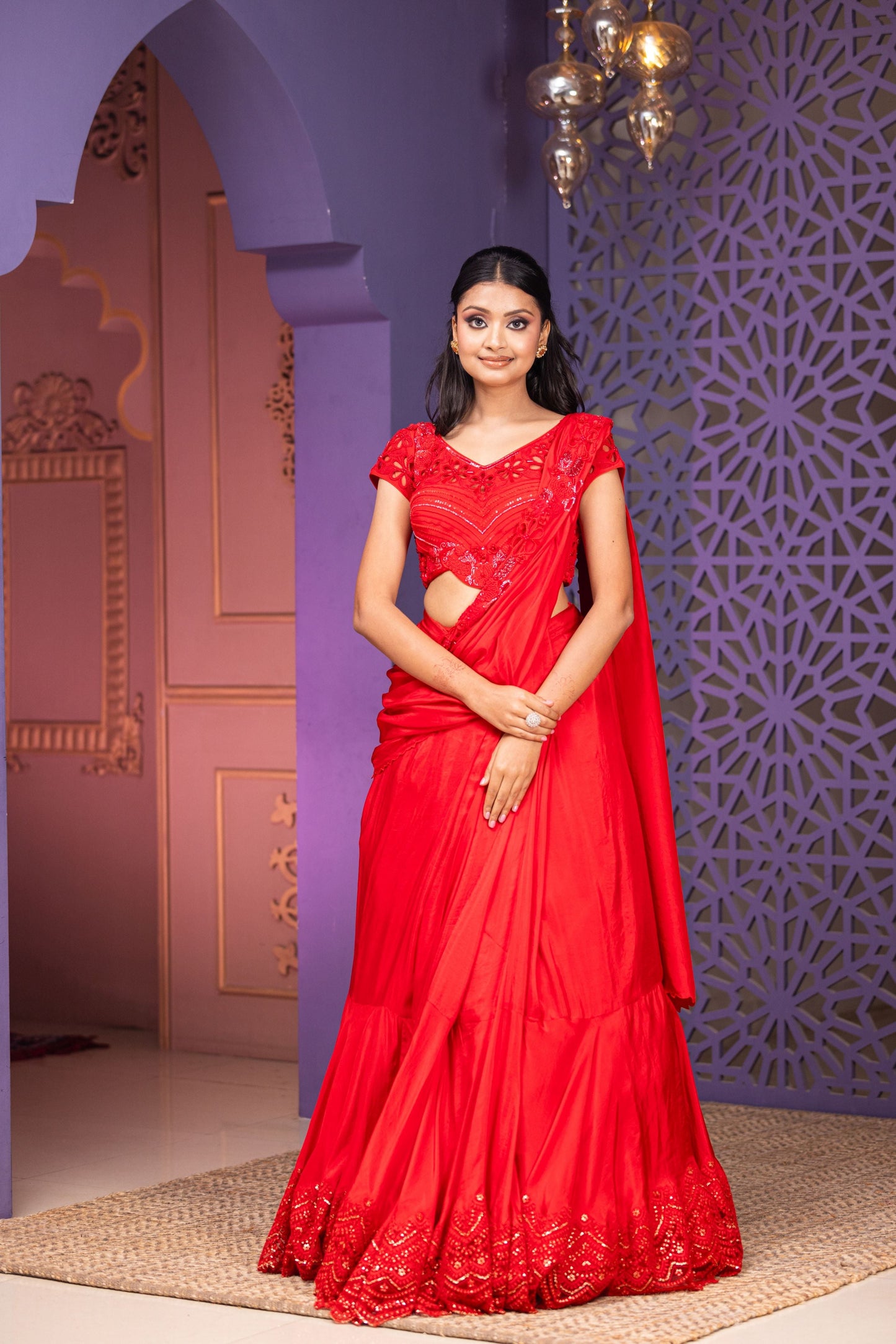 Luxury Red Lehenga Saree Set Featuring Heavy Nalki Thread And Pearl Work Blouse