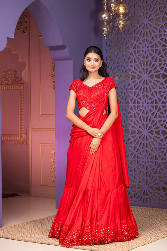 Luxury Red Lehenga Saree Set Featuring Heavy Nalki Thread And Pearl Work Blouse