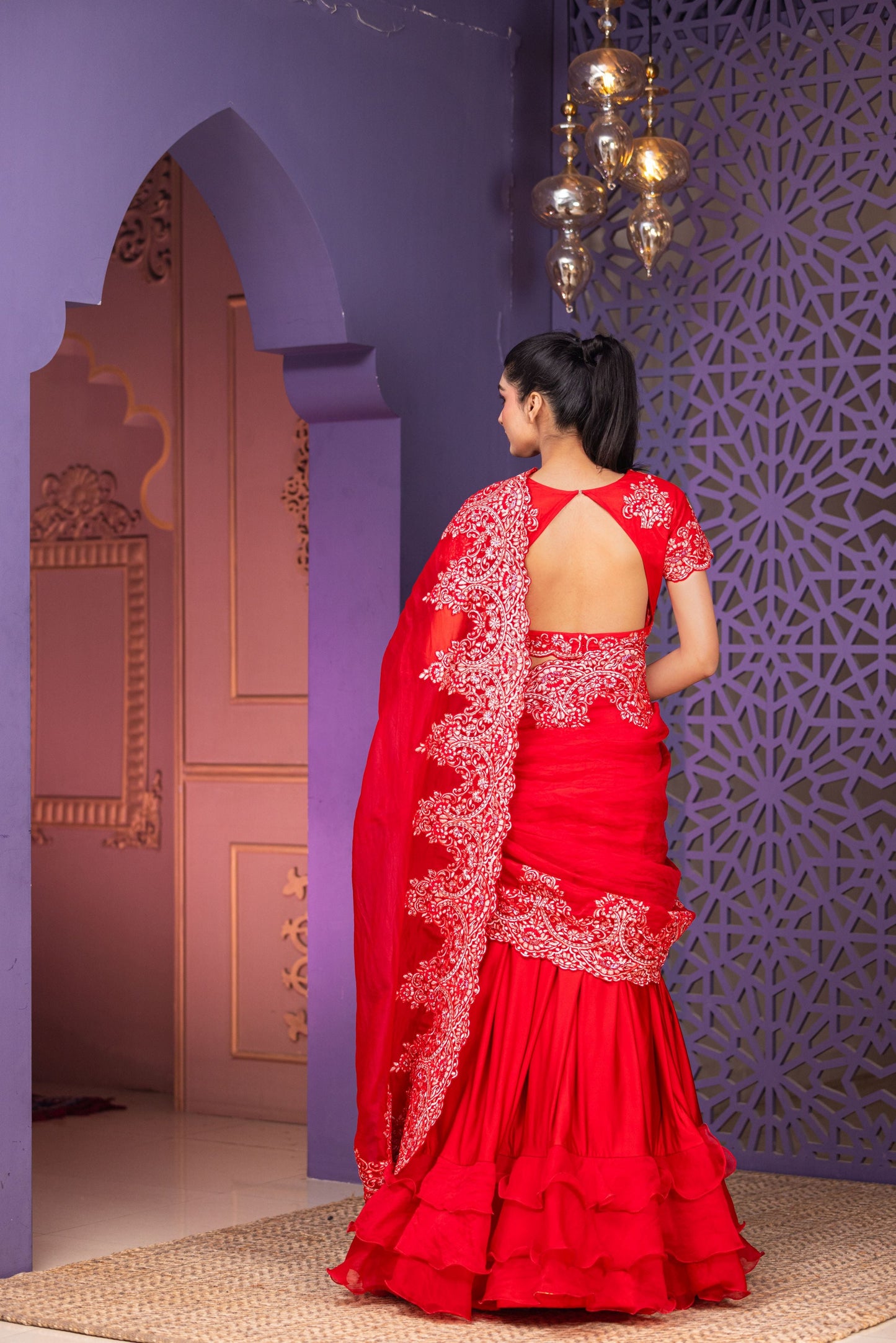 Red Lycra Lehenga Saree Set with Heavily Embellished Blouse and Flowing Organza Pallu