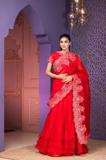 Red Lycra Lehenga Saree Set with Heavily Embellished Blouse and Flowing Organza Pallu