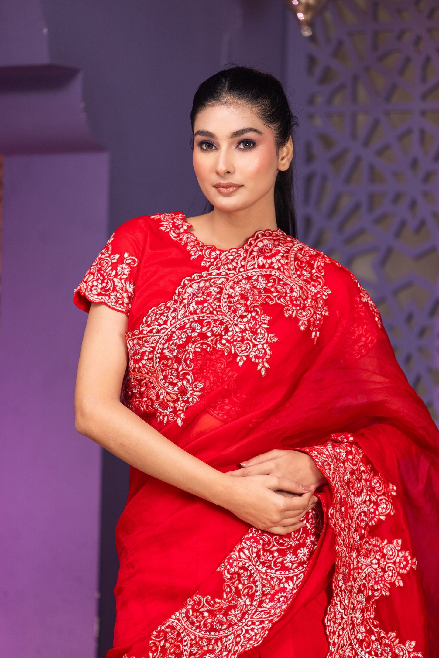 Red Lycra Lehenga Saree Set with Heavily Embellished Blouse and Flowing Organza Pallu