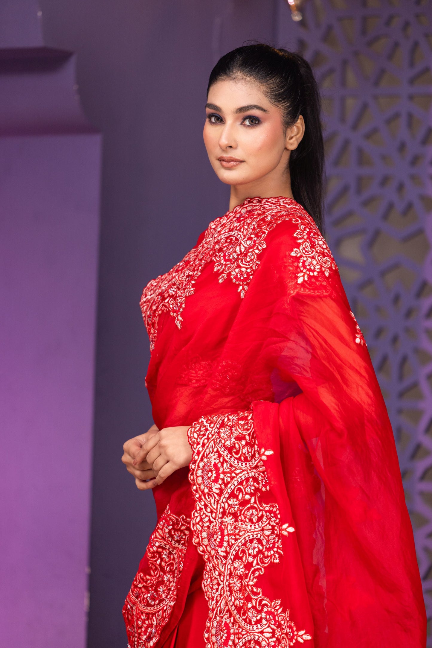 Red Lycra Lehenga Saree Set with Heavily Embellished Blouse and Flowing Organza Pallu