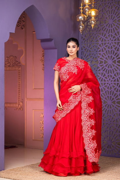 Red Lycra Lehenga Saree Set with Heavily Embellished Blouse and Flowing Organza Pallu