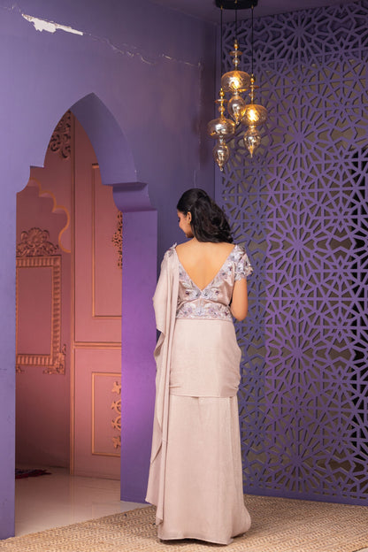 Mouse Shade Pre-Stitched Saree Set with Attached Pallu