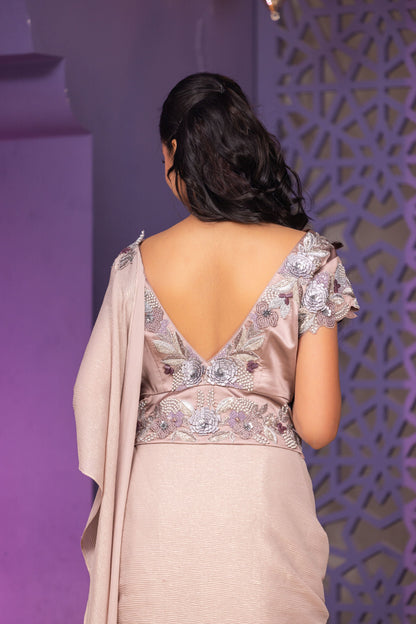 Mouse Shade Pre-Stitched Saree Set with Attached Pallu