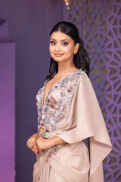 Mouse Shade Pre-Stitched Saree Set with Attached Pallu