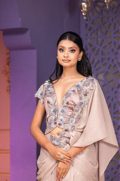 Mouse Shade Pre-Stitched Saree Set with Attached Pallu