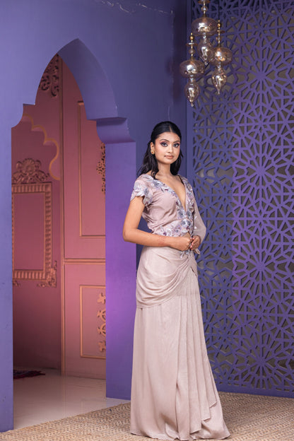 Mouse Shade Pre-Stitched Saree Set with Attached Pallu