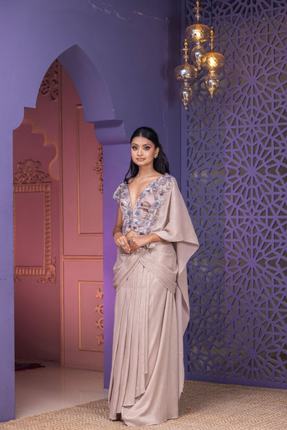 Mouse Shade Pre-Stitched Saree Set with Attached Pallu