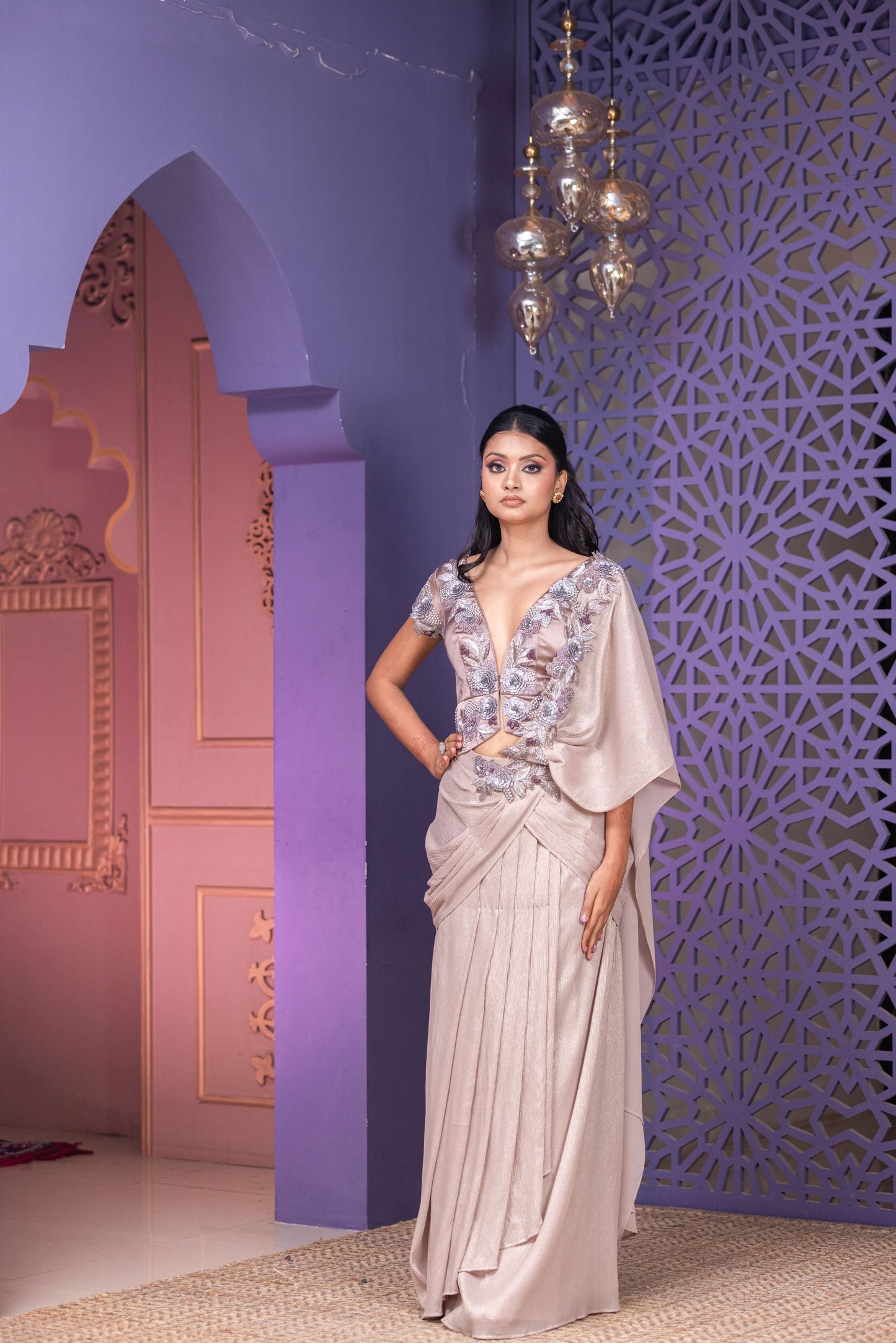 Mouse Shade Pre-Stitched Saree Set with Attached Pallu