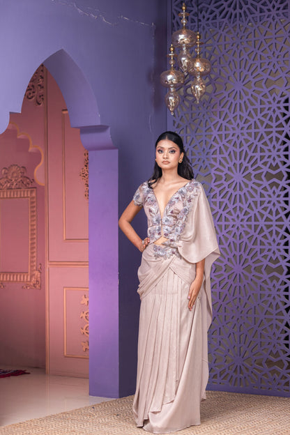 Mouse Shade Pre-Stitched Saree Set with Attached Pallu