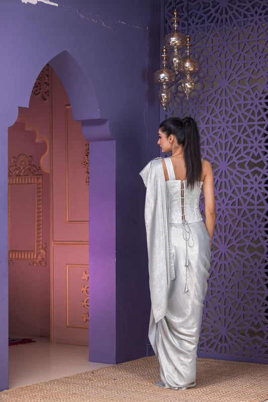 Aqua Bone Corset Drape Saree with Attached Pallu