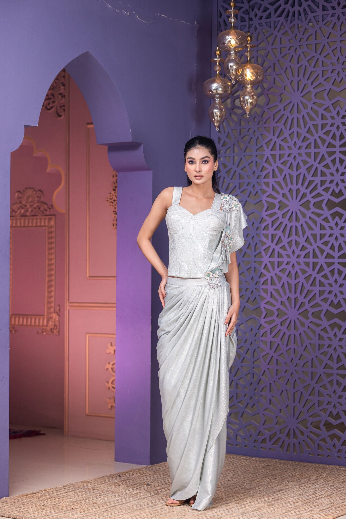 Aqua Bone Corset Drape Saree with Attached Pallu