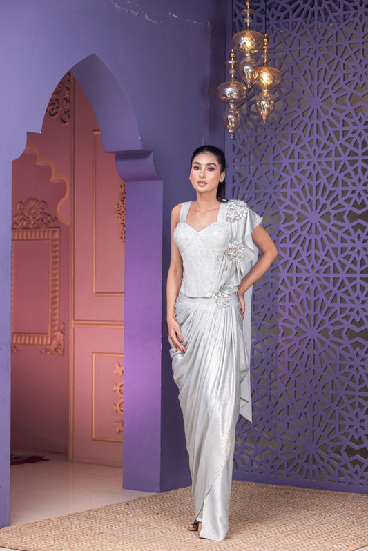 Aqua Bone Corset Drape Saree with Attached Pallu