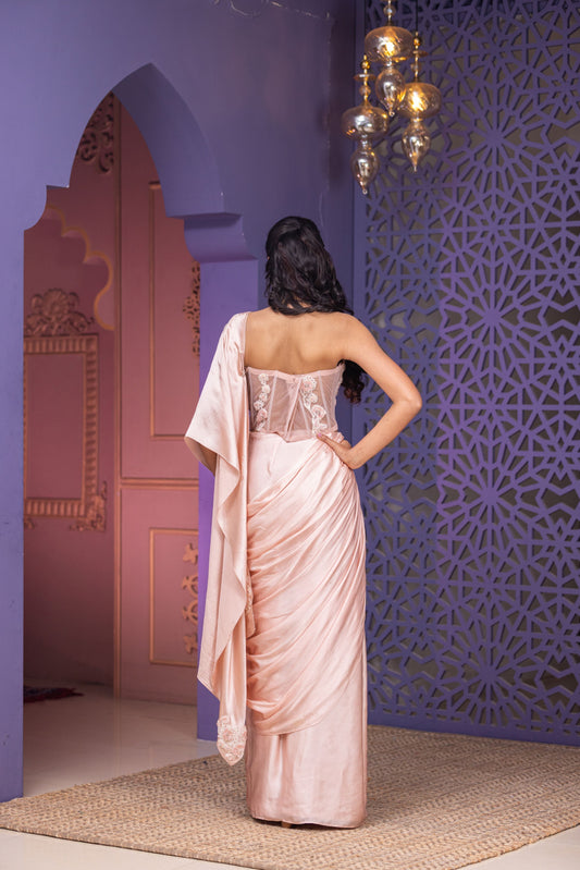 Luxury Pink Bone Corset with Handwork Detailing and Drape Saree