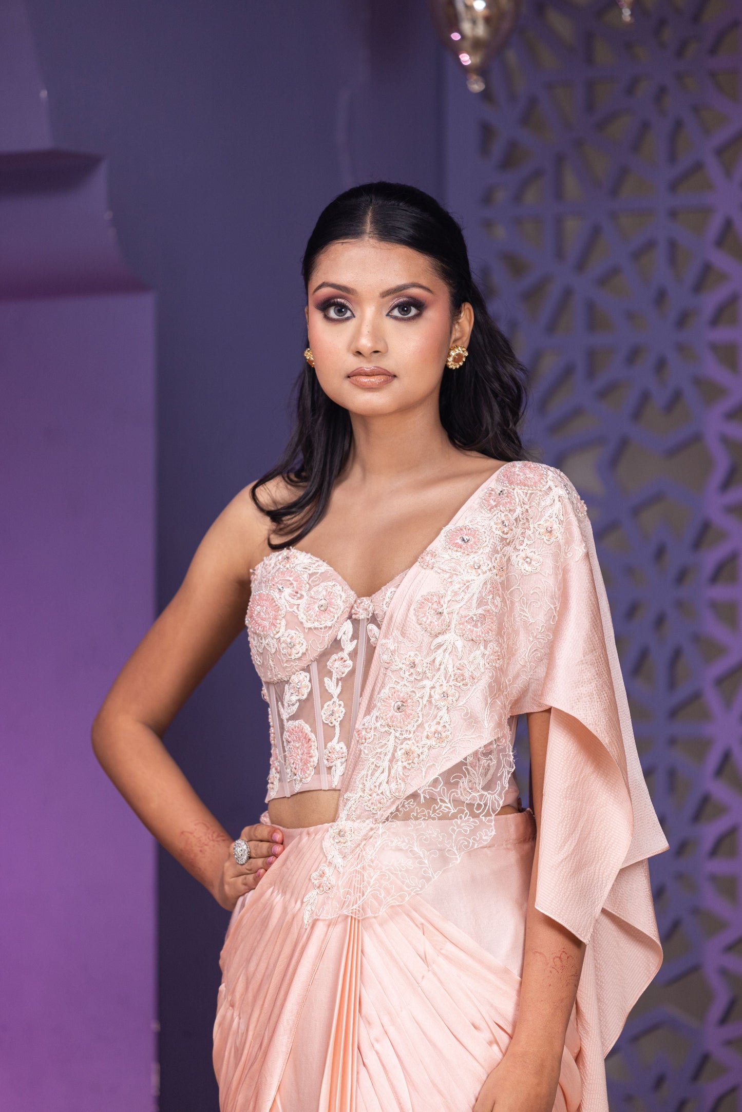 Luxury Pink Bone Corset with Handwork Detailing and Drape Saree