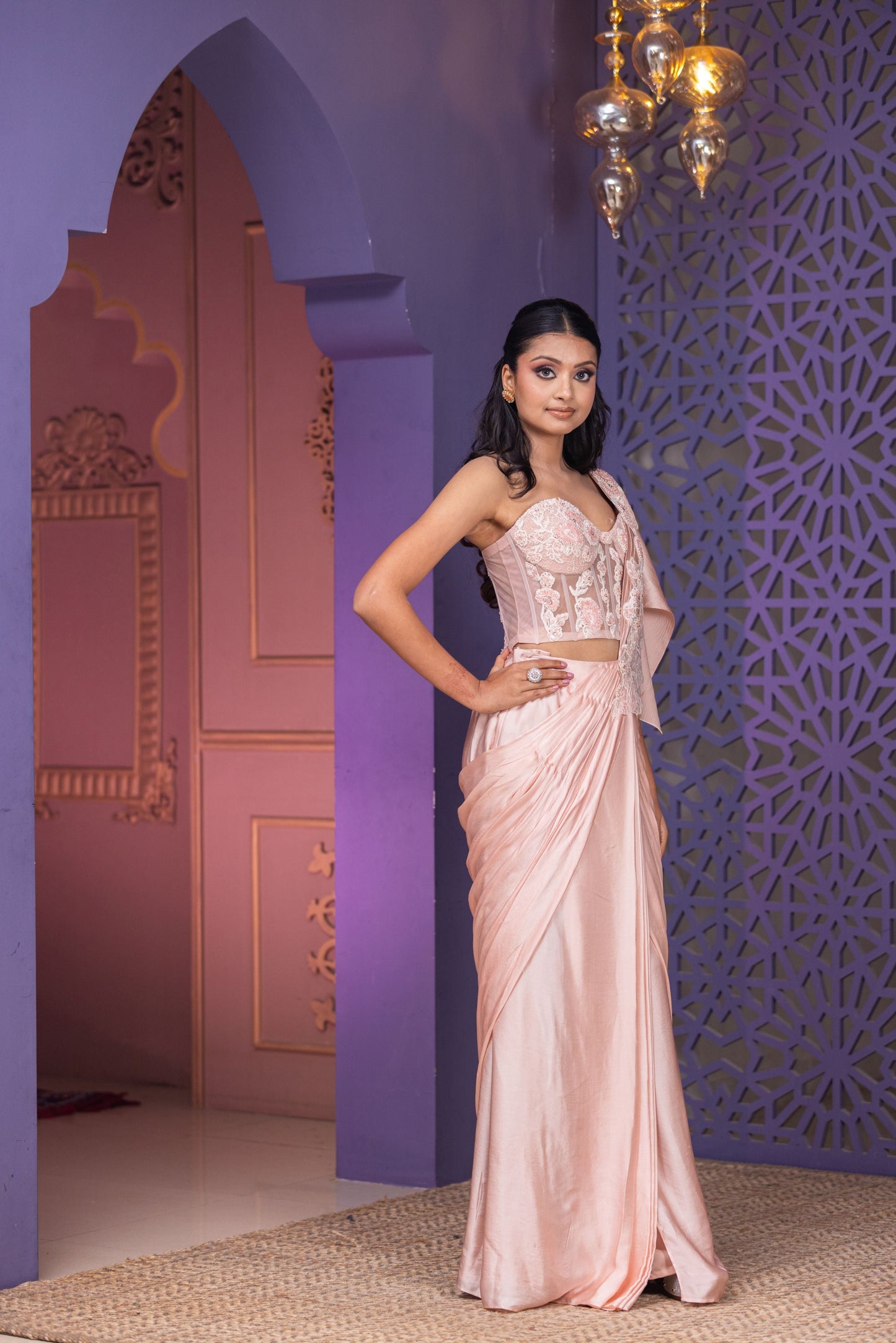 Luxury Pink Bone Corset with Handwork Detailing and Drape Saree