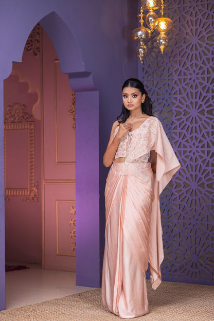 Luxury Pink Bone Corset with Handwork Detailing and Drape Saree