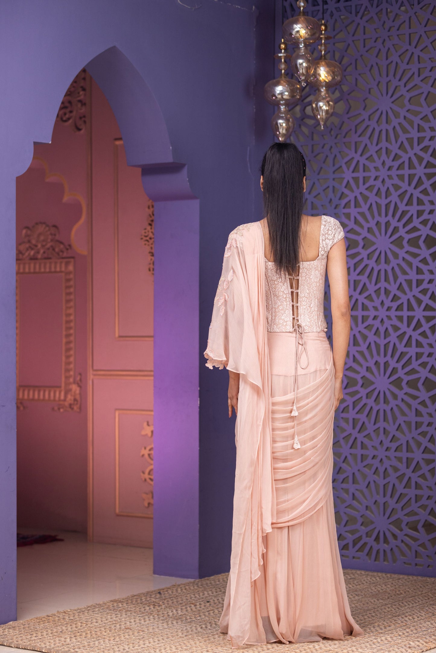 Statement Chandelier Corset With Chiffon Drape And Intricate Pearl Sequins And Urfa Work